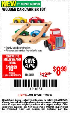 Harbor Freight Coupon WOODEN CAR CARRIER TOY Lot No. 56539 Expired: 12/1/19 - $8.99