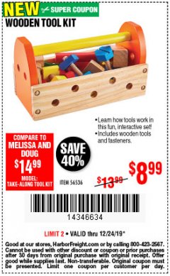 Harbor Freight Coupon WOODEN TOOL KIT Lot No. 56536 Expired: 12/24/19 - $8.99