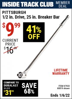 Harbor Freight ITC Coupon 1/2" DRIVE 25" BREAKER BAR Lot No. 67933/60819 Expired: 1/6/22 - $9.99