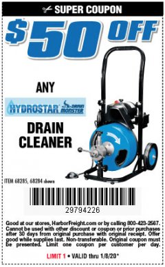 Harbor Freight Coupon ANY HYDROSTAR DRAIN CLEANER Lot No. 68285, 6827 Expired: 1/8/20 - $50