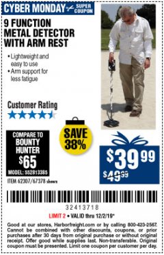 Harbor Freight Coupon 9 FUNCTION METAL DETECTOR Lot No. 62307 Expired: 12/2/19 - $39.99