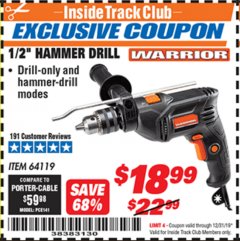 Harbor Freight ITC Coupon 1/2" HAMMER DRILL Lot No. 64119 Expired: 12/31/19 - $18.99