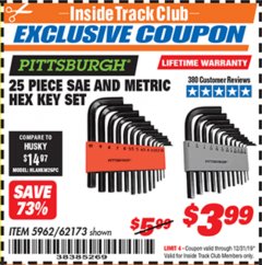 Harbor Freight ITC Coupon 25 PIECE SAE AND METRIC HEX KEY SET Lot No. 5962/62173 Expired: 12/31/19 - $3.99