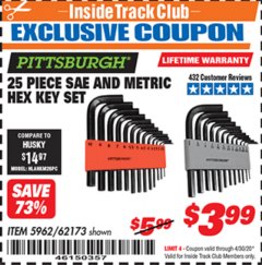 Harbor Freight ITC Coupon 25 PIECE SAE AND METRIC HEX KEY SET Lot No. 5962/62173 Expired: 4/30/20 - $3.99