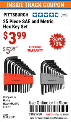 Harbor Freight ITC Coupon 25 PIECE SAE AND METRIC HEX KEY SET Lot No. 5962/62173 Expired: 8/31/20 - $3.99