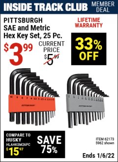 Harbor Freight ITC Coupon 25 PIECE SAE AND METRIC HEX KEY SET Lot No. 5962/62173 Expired: 1/6/22 - $3.99