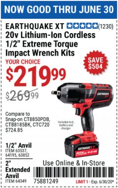 Harbor Freight Coupon 20 VOLT LITHIUM-ION CORDLESS EXTREME TORQUE 1/2" IMPACT WRENCH KIT Lot No. 63537/64195/63852/64349 Expired: 6/30/20 - $219.99