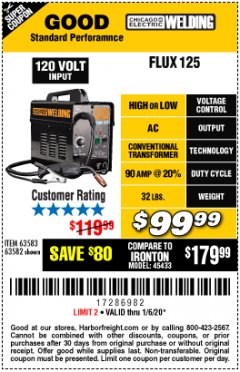 Harbor Freight Coupon CHICAGO ELECTRIC FLUX 125 WELDER Lot No. 63583, 63582 Expired: 1/6/20 - $99.99