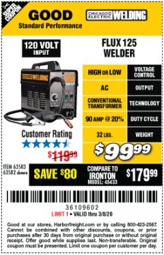 Harbor Freight Coupon CHICAGO ELECTRIC FLUX 125 WELDER Lot No. 63583, 63582 Expired: 2/8/20 - $99.99