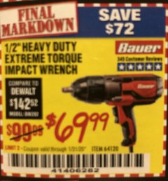 Harbor Freight Coupon 1/2" HEAVY DUTY EXTREME TORQUE IMPACT WRENCH Lot No. 64120 Expired: 1/31/20 - $69.99