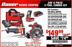 Harbor Freight Coupon BAUER 20V 8 PIECE 4 TOOL COMBO KIT Lot No. 64754/56396/63634/63628/64817 Expired: 12/22/19 - $149.99