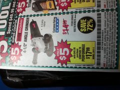 Harbor Freight Coupon $5 DRILLMASTER 4 1/2" ANGLE GRINDER WHEN YOU SPEND $49.99 Lot No. 69645, 95578, 60625 Expired: 12/25/19 - $5