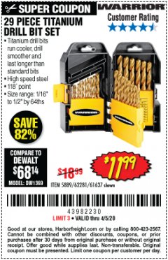 Harbor Freight Coupon $5 WARRIOR 29 PIECE TITANIUM DRILL BIT SET WHEN YOU SPEND $49.99 Lot No. 62281, 5889, 61637 Expired: 6/30/20 - $11.99