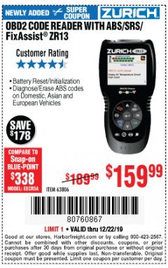 Harbor Freight Coupon OBD2 CODE READER WITH ABS/SRS/FIXASSIST ZR13 Lot No. 63806 Expired: 12/22/19 - $159.99