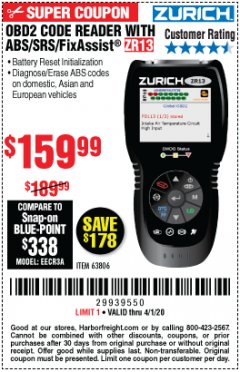Harbor Freight Coupon OBD2 CODE READER WITH ABS/SRS/FIXASSIST ZR13 Lot No. 63806 Expired: 4/1/20 - $159.99
