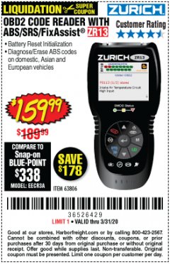 Harbor Freight Coupon OBD2 CODE READER WITH ABS/SRS/FIXASSIST ZR13 Lot No. 63806 Expired: 3/31/20 - $159.99