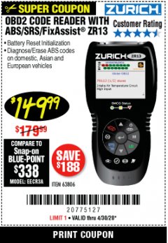 Harbor Freight Coupon OBD2 CODE READER WITH ABS/SRS/FIXASSIST ZR13 Lot No. 63806 Expired: 6/30/20 - $149.99