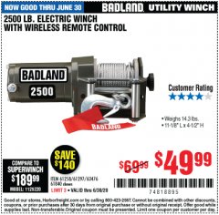Harbor Freight Coupon BADLAND 2500 LB. ELECTRIC WINCH WITH WIRELESS REMOTE CONTROL Lot No. 61258/61297/64376/61840 Expired: 6/30/20 - $49.99