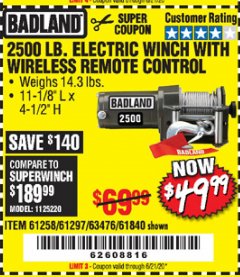 Harbor Freight Coupon BADLAND 2500 LB. ELECTRIC WINCH WITH WIRELESS REMOTE CONTROL Lot No. 61258/61297/64376/61840 Expired: 6/21/20 - $49.99