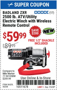Harbor Freight Coupon BADLAND 2500 LB. ELECTRIC WINCH WITH WIRELESS REMOTE CONTROL Lot No. 61258/61297/64376/61840 Expired: 7/5/20 - $59.99