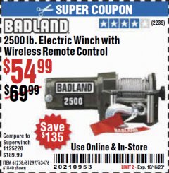 Harbor Freight Coupon BADLAND 2500 LB. ELECTRIC WINCH WITH WIRELESS REMOTE CONTROL Lot No. 61258/61297/64376/61840 Expired: 10/16/20 - $54.99