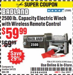 Harbor Freight Coupon BADLAND 2500 LB. ELECTRIC WINCH WITH WIRELESS REMOTE CONTROL Lot No. 61258/61297/64376/61840 Expired: 3/9/21 - $59.99