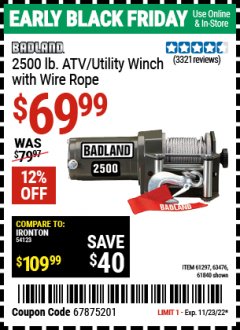 Harbor Freight Coupon BADLAND 2500 LB. ELECTRIC WINCH WITH WIRELESS REMOTE CONTROL Lot No. 61258/61297/64376/61840 Expired: 11/23/22 - $69.99