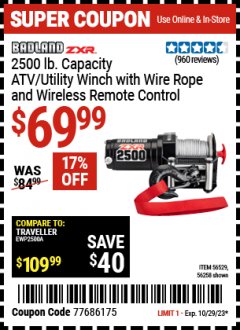 Harbor Freight Coupon BADLAND 2500 LB. ELECTRIC WINCH WITH WIRELESS REMOTE CONTROL Lot No. 61258/61297/64376/61840 Expired: 10/29/23 - $69.99