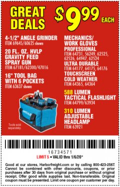 Harbor Freight Coupon GREAT DEALS 9.99 EACH  Lot No. 69645/67181/63637/64731/64177/64365/64799/63921 Expired: 1/6/20 - $9.99
