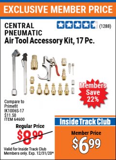 Harbor Freight ITC Coupon CENTRAL PNEUMATIC 17 PIECE AIR TOOL ACCESSORY KIT Lot No. 63048/63133/64600/56713/68236 Expired: 12/31/20 - $6.99