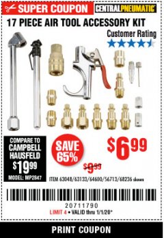 Harbor Freight Coupon CENTRAL PNEUMATIC 17 PIECE AIR TOOL ACCESSORY KIT Lot No. 63048/63133/64600/56713/68236 Expired: 1/1/20 - $6.99