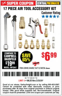 Harbor Freight Coupon CENTRAL PNEUMATIC 17 PIECE AIR TOOL ACCESSORY KIT Lot No. 63048/63133/64600/56713/68236 Expired: 2/23/20 - $6.99