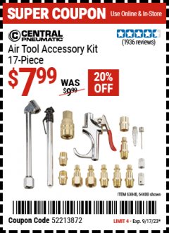 Harbor Freight Coupon CENTRAL PNEUMATIC 17 PIECE AIR TOOL ACCESSORY KIT Lot No. 63048/63133/64600/56713/68236 Expired: 9/17/23 - $7.99