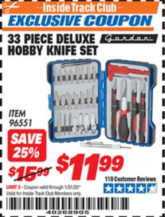 Harbor Freight ITC Coupon 33 PIECE DULUXE HOBBY KNIFE SET Lot No. 96551 Expired: 1/31/20 - $11.99