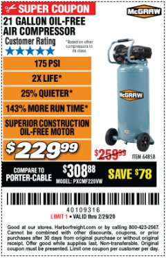 Harbor Freight Coupon 21 GALLON, 1.5 HP, 175 PSI VERTICAL OIL-LUBE Lot No. 64858 Expired: 2/29/20 - $229.99