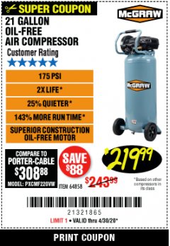 Harbor Freight Coupon 21 GALLON, 1.5 HP, 175 PSI VERTICAL OIL-LUBE Lot No. 64858 Expired: 6/30/20 - $219.99