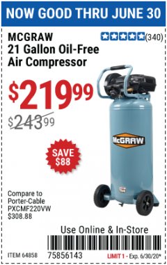 Harbor Freight Coupon 21 GALLON, 1.5 HP, 175 PSI VERTICAL OIL-LUBE Lot No. 64858 Expired: 6/30/20 - $219.99