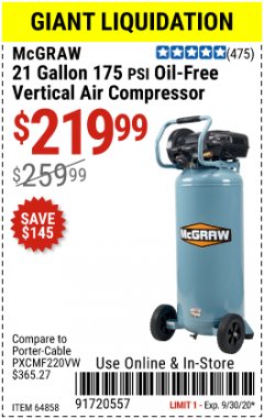 Harbor Freight Coupon 21 GALLON, 1.5 HP, 175 PSI VERTICAL OIL-LUBE Lot No. 64858 Expired: 9/30/20 - $219.99