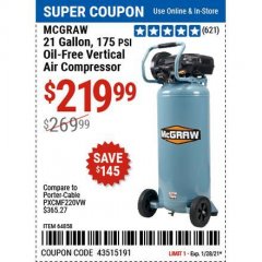 Harbor Freight Coupon 21 GALLON, 1.5 HP, 175 PSI VERTICAL OIL-LUBE Lot No. 64858 Expired: 1/29/21 - $219.99