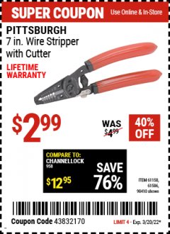Harbor Freight Coupon 7" WIRE STRIPPER WITH CUTTER Lot No. 61586/61158/98410 Expired: 3/20/22 - $2.99