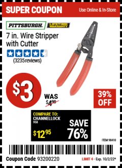 Harbor Freight Coupon 7" WIRE STRIPPER WITH CUTTER Lot No. 61586/61158/98410 EXPIRES: 10/2/22 - $3