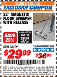 Harbor Freight ITC Coupon 22" MAGNETIC FLOOR SWEEPER WITH RELEASE Lot No. 98399 Expired: 12/31/18 - $29.99