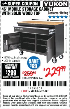 Harbor Freight Coupon 46" MOBILE STORAGE CABINET WITH SOLID WOOD TOP Lot No. 64023/64012 Expired: 2/7/20 - $229.99