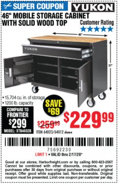 Harbor Freight Coupon 46" MOBILE STORAGE CABINET WITH SOLID WOOD TOP Lot No. 64023/64012 Expired: 2/17/20 - $229.99