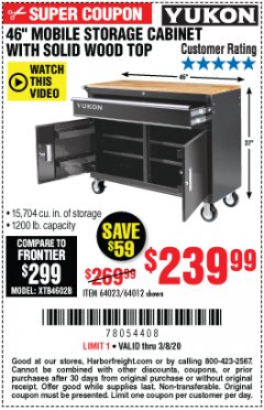 Harbor Freight Coupon 46" MOBILE STORAGE CABINET WITH SOLID WOOD TOP Lot No. 64023/64012 Expired: 3/8/20 - $239.99