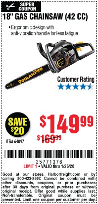 Harbor Freight Coupon 18" GAS CHAINSAW (42CC) Lot No. 64097 Expired: 1/26/20 - $149.99