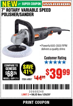 Harbor Freight Coupon 7" ROTARY VARIABLE SPEED POLISHER/SANDER Lot No. 64807 Expired: 1/26/20 - $39.99