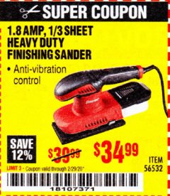 Harbor Freight Coupon BAUER 1/3 SHEET HEAVY DUTY FINISHING SANDER Lot No. 56532 Expired: 2/29/20 - $34.99