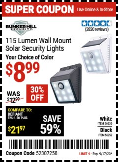 Harbor Freight Coupon 115 LUMEN WALL MOUNT SOLAR SECURITY LIGHTS Lot No. 56252,56330 Expired: 9/17/23 - $8.99