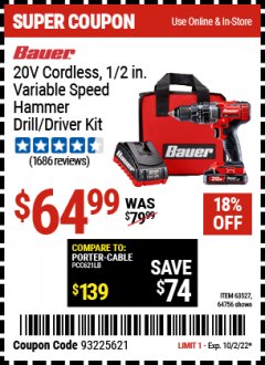 Harbor Freight Coupon 20 VOLT LITHIUM-ION CORDLESS 1/2" HAMMER DRILL KIT Lot No. 64756/63527 EXPIRES: 10/2/22 - $64.99